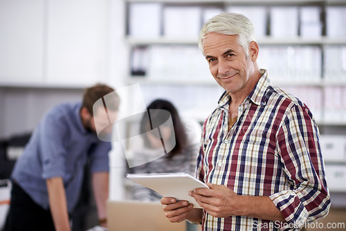 Image of Mature businessman, paperwork and confident in portrait in office and pride as administration manager by team. Senior records officer, smile or face with happy in career or protection of file archive