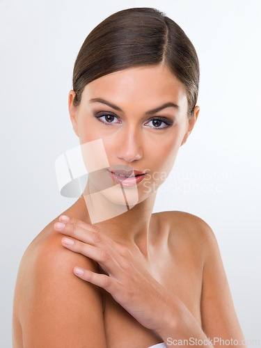 Image of Portrait, woman and shirtless in studio beauty, skincare and makeup on white background. Female person or model, healthy and wellness skin with cosmetics as daily treatment for confidence and pride