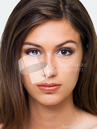 Image of Woman, portrait and haircare in studio, pamper and keratin treatment or brazilian on white background. Female person, closeup and luxury shampoo or conditioner for beauty, cosmetics and dermatology