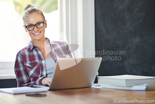 Image of Portrait, admin and woman with remote work, laptop or smile in home office for research or report. Confident lady, documents review or happy freelancer in a startup, business or house with feedback