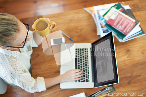 Image of Woman, laptop to research or study writing of book, blog or article as remote work in Los Angeles. Female journalist, phone or computer as typing, online, report or script as creative copywriting