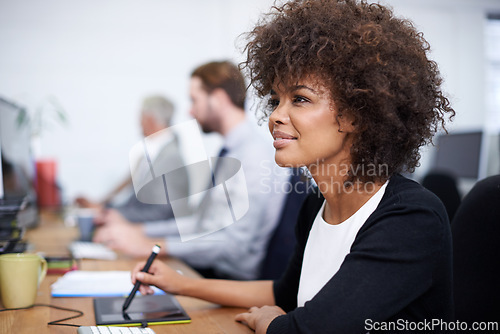 Image of Smile, notebook and journalist in office with thinking for research, brainstorming or planning for article. Black woman, pen and productivity desk for idea, schedule or business project at workplace