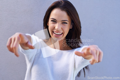 Image of Woman, hands and pointing portrait, you and happy female person for achievement and chosen or decision. Excited and gesture for selection winner and promotion for opportunity with positive energy