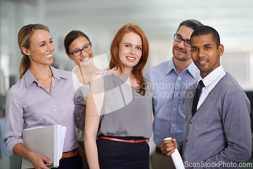 Image of Portrait, team and happy business woman in office with support of people in company together. Face, coworking and professional group of employees, entrepreneur or diverse consultants in collaboration