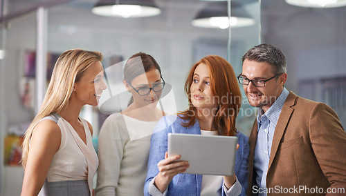 Image of Business people, team and research with tablet for networking, collaboration or communication at office. Businessman, woman or group with technology for online search, browsing or app at workplace