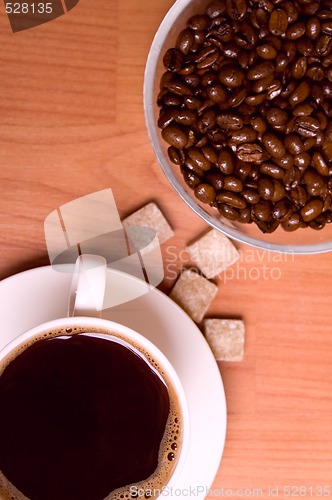 Image of cup of coffee, beans and sugar