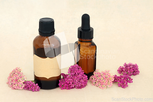 Image of Medicinal Achillea Herb Flowers with Tincture Bottles