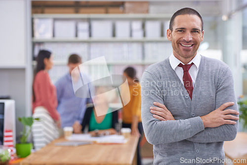 Image of Businessman, arms crossed and portrait in office with smile for presentation or meeting with confidence. Male person, entrepreneur and corporate at work professional or formal outfit in boardroom