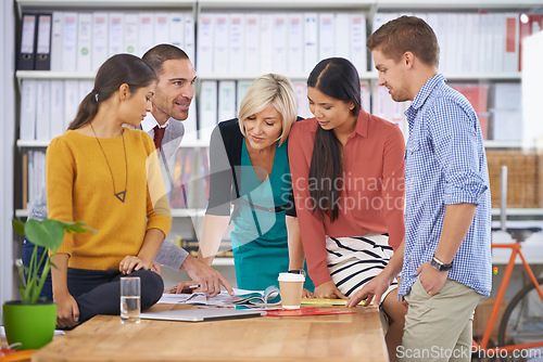 Image of Staff, discussion and brainstorming for startup plan, collaboration and meeting for conversation strategy. Employees, teamwork and communicating for ideas, design and advertising company or agency.