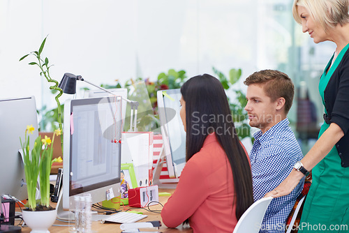 Image of Business people, computer and teamwork for collaboration on plan, office and research on internet. Colleagues, happy and reading information on website, together and support for proposal or report