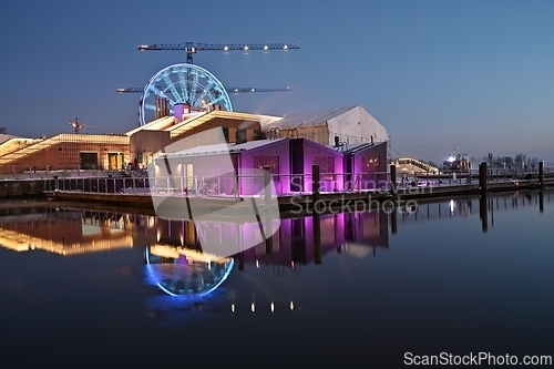Image of night view on the embankment of the Baltic Sea in the center of 