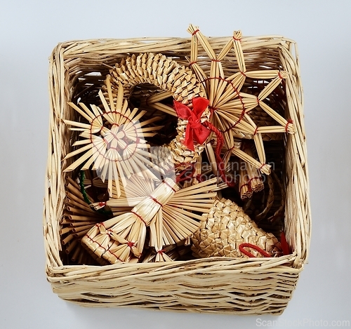 Image of traditional Christmas straw decorations in a wicker box