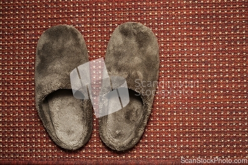 Image of soft brown house slippers on the rug 