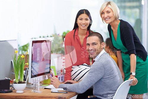 Image of Business people, computer and portrait for collaboration on project, office and teamwork. Colleagues, happy and reading information on website, together and support for proposal in creative agency