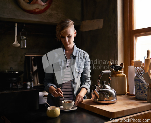 Image of Morning, tea and woman in kitchen prepare drink for calm break and routine process in home. Healthy, matcha or person in house with breakfast beverage to start day on holiday or vacation and relax