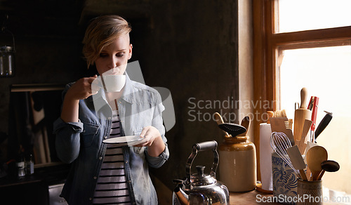 Image of Morning, tea and woman in kitchen drink on calm break and routine process in home. Healthy, matcha or person in house with breakfast beverage to start holiday or vacation or relax with espresso latte