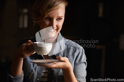 Image of Morning, tea and happy woman in kitchen thinking with drink on break or routine in home. Healthy, matcha or person in house with breakfast beverage to start day on holiday or vacation and relax