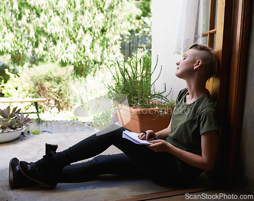 Image of Woman, writing notes and sleeping in home on floor for fatigue, tired and dream by doorway to garden. Rest, notepad and student with creative ideas, inspiration and planning to do list on journal