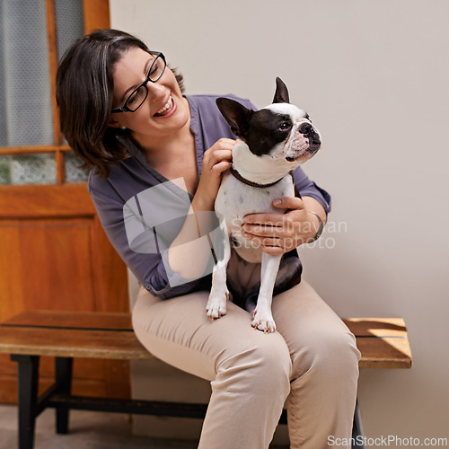 Image of Porch, happiness and mature woman with dog, joy and smile for adoption of pet, outdoor and home. Summer, relax and female person together with animal for love, care and support with loyalty on bench