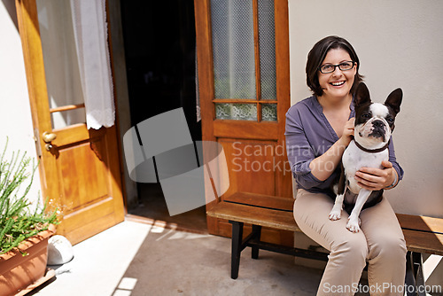 Image of Porch, portrait and mature woman with dog, smile and happiness for pet outdoor of home to relax. Summer, house and female person together with animal for love, care and support with loyalty on bench