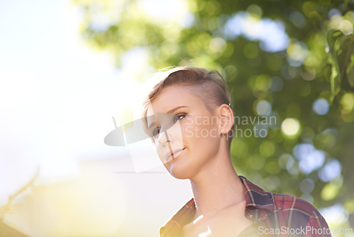 Image of Woman, smile and nature with thinking in garden with for morning, peace or fresh air in sun. Summer, planning and gen z female person outdoors for stress relief, wellness or enjoyment on vacation