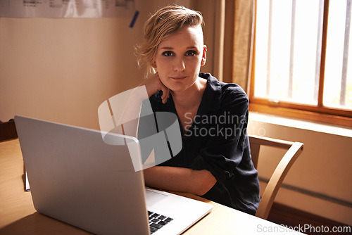 Image of Portrait, businesswoman and laptop in home office with confidence, technology and freelancer for remote work. Person, editor and pride face with computer by workspace for productivity and online blog