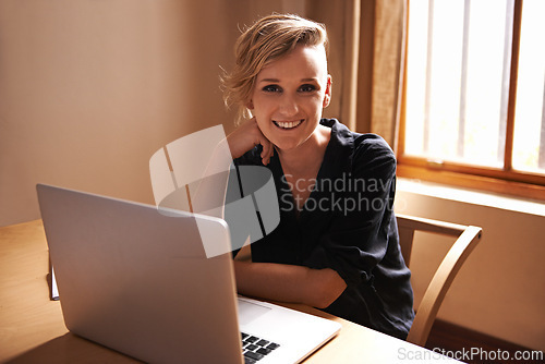 Image of Portrait, business woman or laptop for remote work with confidence, technology or freelancer in home office. Person, editor or happy face with computer by workspace and connection or online research