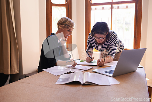 Image of Business women, designer and drawing in home office and collaboration on fashion design process. Teamwork, entrepreneurship and happy in remote work as friends and pattern creation in startup company