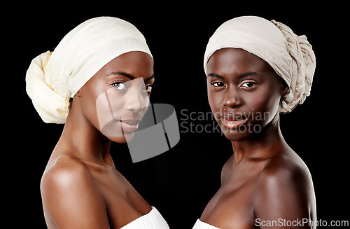 Image of Beauty, scarf and portrait of African women in studio for wellness, health and hair care treatment. Salon aesthetic, friends and people with accessories, cosmetics and makeup on black background