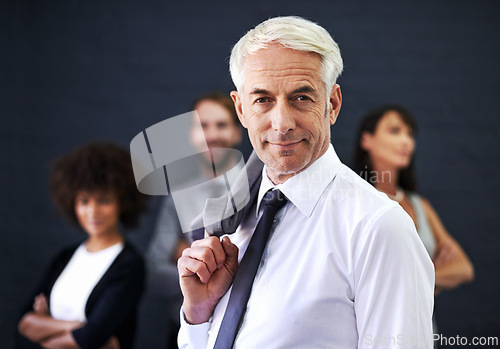 Image of Mature businessman, portrait and smile for career, studio and manager on wall background. Happy male person, professional and proud of teamwork collaboration, leadership and CEO for startup company