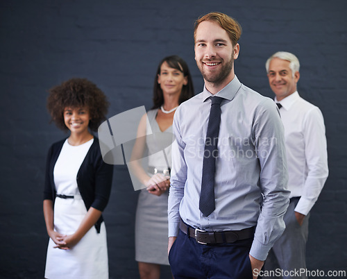 Image of Business man, portrait and confident for career opportunity, studio and happy on wall background. Male person, professional and proud of teamwork collaboration, leader and smile for startup company