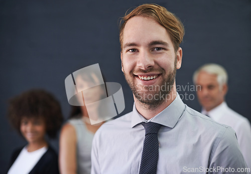 Image of Businessman, portrait and proud of career opportunity, studio and happy on wall background. Male person, professional and positive for teamwork collaboration, leader and smile for startup company