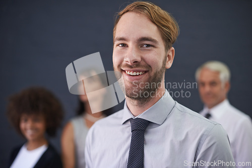 Image of Businessman, portrait and confident for career opportunity, studio and happy on wall background. Male person, professional and proud of teamwork collaboration, leader and smile for startup company