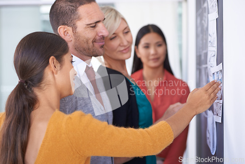 Image of Creative people, chalkboard and storyboard with team for planning, development or meeting at office. Group of employees in brainstorming or discussion for project, production or startup at workplace