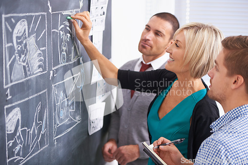 Image of Business people, brainstorming and blackboard with creativity, planning and meeting with ideas. Group, cartoon and manager with employees and chalk with drawing or teamwork with comic strip and story