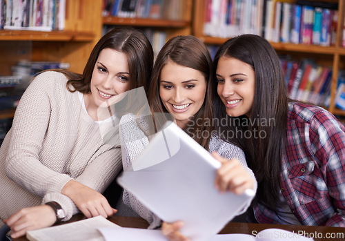 Image of Women, students or tablet selfie in university library or bonding together for support as friends. Learners, touchscreen or update profile picture on social media or solidarity with care in college