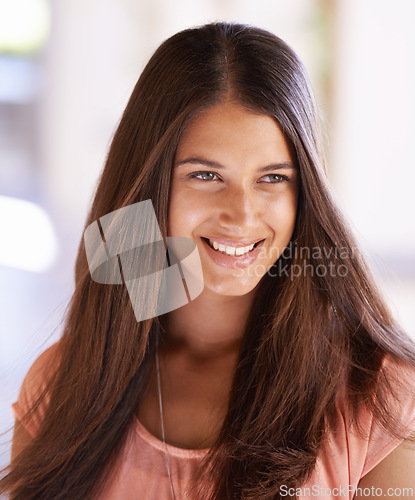 Image of Smile, hair and thinking woman outdoor for beauty, cosmetics or salon, treatment and results. Happy, face and female client outside with haircare, shampoo or keratin, growth or texture satisfaction