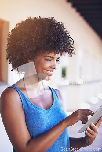 Image of Woman, tablet and search outdoors on internet, smile and browse social media or app for communication. Female person, networking and student for e learning, education and university website to learn