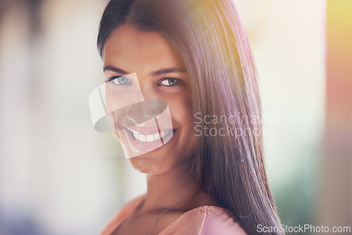 Image of Campus, portrait or happy woman at beauty school for learning, study or development. Education, face or gen z female cosmetology student outdoor university for upskill, course or business training