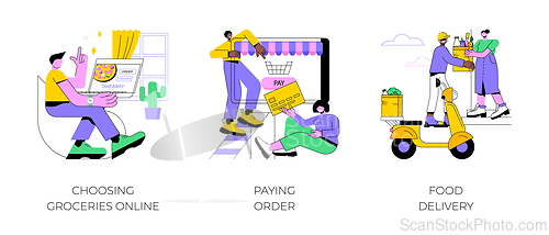 Image of Buying groceries online isolated cartoon vector illustrations.