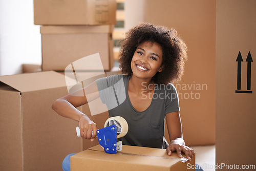 Image of Moving, woman and portrait with packing for new home, box and package for real estate property and parcel. Cardboard, delivery and African female person with tape in a house with a happy homeowner