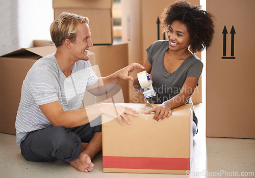 Image of Moving, tape and couple with new home, box and package for real estate property and courier parcel. Cardboard, delivery and support with packing in a house with a happy homeowner, love and marriage