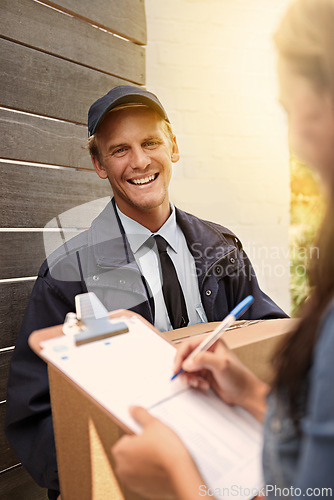 Image of Woman, smile and signature for package, delivery man and shipping order with paperwork and parcel. Cardboard box, sign and courier with document, form and service of distribution worker with customer