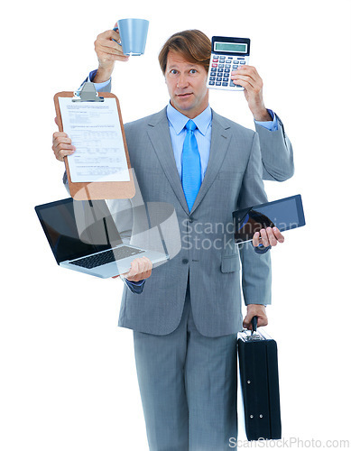 Image of Businessman, portrait and hands with multitasking for finance or accounting on a white studio background. Man or employee with calculator, documents and technology for financial audit or daily budget