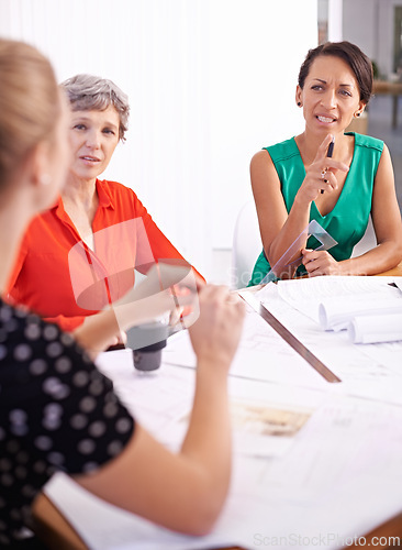 Image of Women, brainstorm or paper in business meeting, discussion or planning of corporate project. Businesswomen, document or talk as professional, teamwork or collaboration in blueprint development