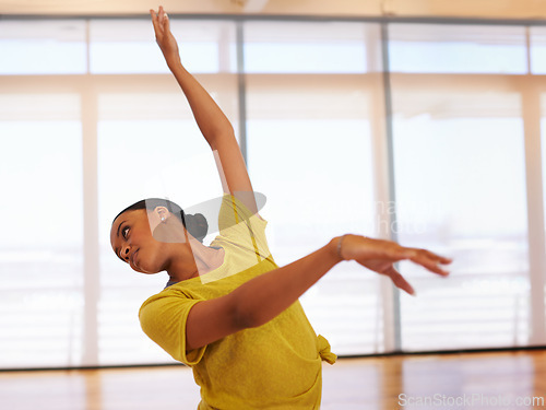 Image of Dance, ballet and woman in fitness studio for performance, show or theater rehearsal. Art, balance or female dancer with classic, beauty or movement for ballroom, steps or warm up for stage training