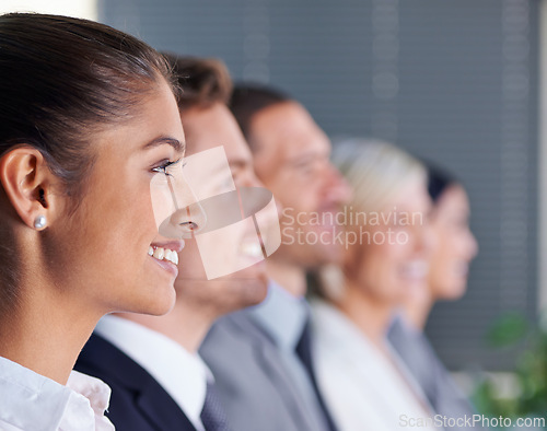 Image of Smile, face and row of business people in office for recruitment, opportunity and human resources. Confidence, teamwork and diversity with men, women and happy solidarity in professional HR career