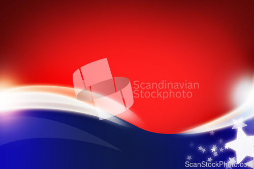 Image of Stars, stripes and wallpaper with American flag graphic, illustration or background with color. Red, blue and white, pride and USA history with Independence day celebration, event and patriotism