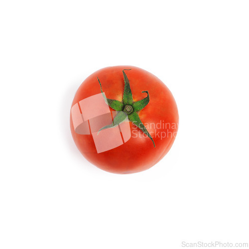 Image of Tomato, red and vegetable with natural nutrition, healthy food or eating on a white studio background. Top view of raw organic fruit, produce or vegan meal with snack for sustainability on mockup