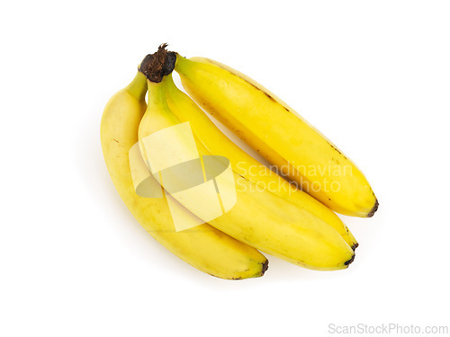 Image of Bananas, closeup and studio for health, wellness or organic diet on countertop. Fruit, nutrition or produce for eating, healthy and meal or cuisine with vitamins for weight loss on white background